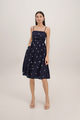 Aster Ruched Embroidered Midi Dress