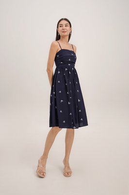 Aster Ruched Embroidered Midi Dress