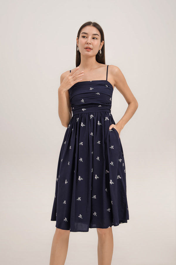 Aster Ruched Embroidered Midi Dress