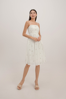 Aster Ruched Embroidered Midi Dress