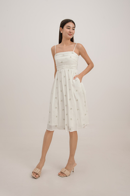 Aster Ruched Embroidered Midi Dress