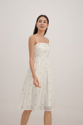 Aster Ruched Embroidered Midi Dress