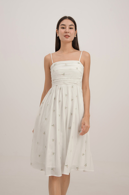 Aster Ruched Embroidered Midi Dress