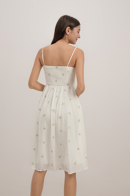 Aster Ruched Embroidered Midi Dress