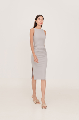 Kinley Boat Neck Padded Ruched Midi Dress