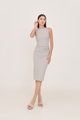 Kinley Boat Neck Padded Ruched Midi Dress