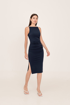 Kinley Boat Neck Padded Ruched Midi Dress