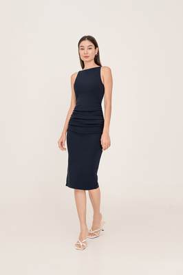 Kinley Boat Neck Padded Ruched Midi Dress