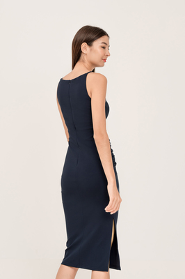 Kinley Boat Neck Padded Ruched Midi Dress