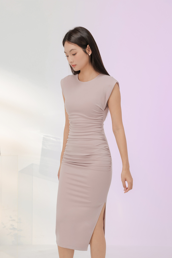 Jayde Padded Ruched Slit Midi Dress