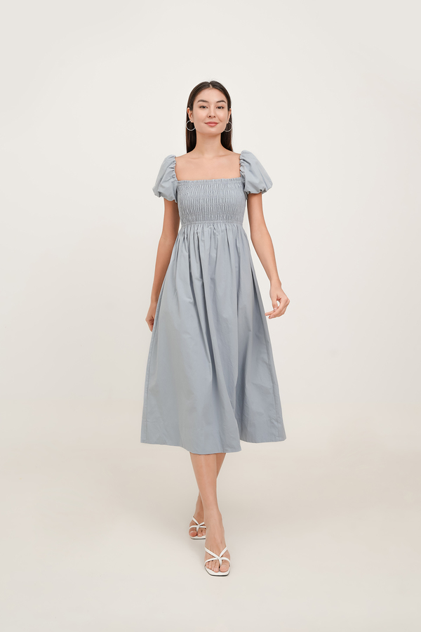 Esmie Shirred Puff Sleeve Midi Dress