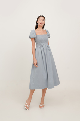 Esmie Shirred Puff Sleeve Midi Dress