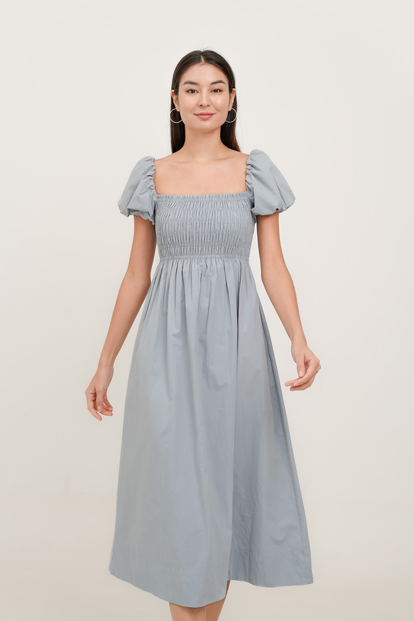 Esmie Shirred Puff Sleeve Midi Dress