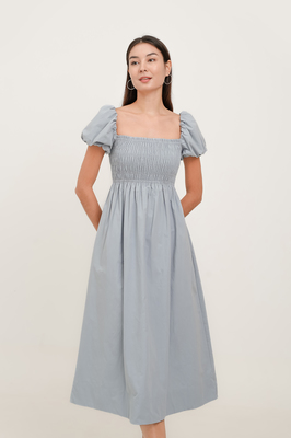 Esmie Shirred Puff Sleeve Midi Dress