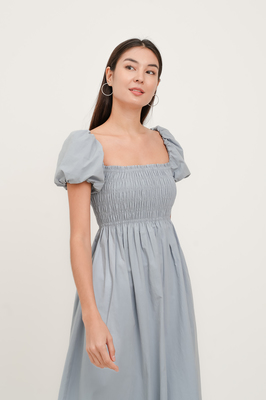 Esmie Shirred Puff Sleeve Midi Dress