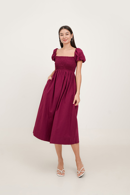 Esmie Shirred Puff Sleeve Midi Dress