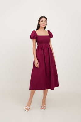 Esmie Shirred Puff Sleeve Midi Dress