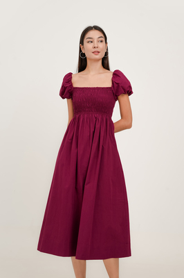 Esmie Shirred Puff Sleeve Midi Dress