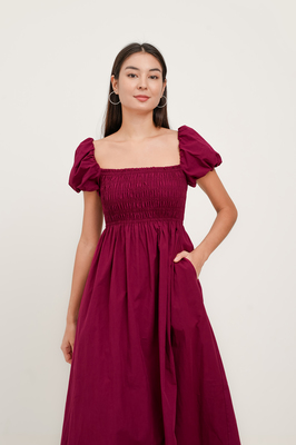 Esmie Shirred Puff Sleeve Midi Dress