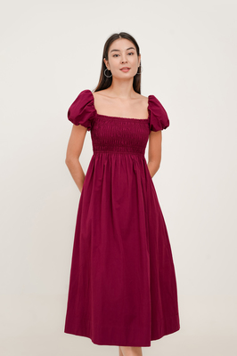 Esmie Shirred Puff Sleeve Midi Dress