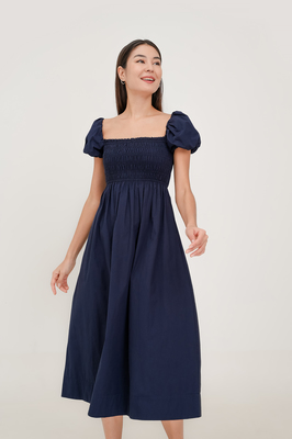 Esmie Shirred Puff Sleeve Midi Dress