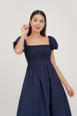 Esmie Shirred Puff Sleeve Midi Dress