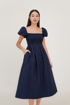 Esmie Shirred Puff Sleeve Midi Dress