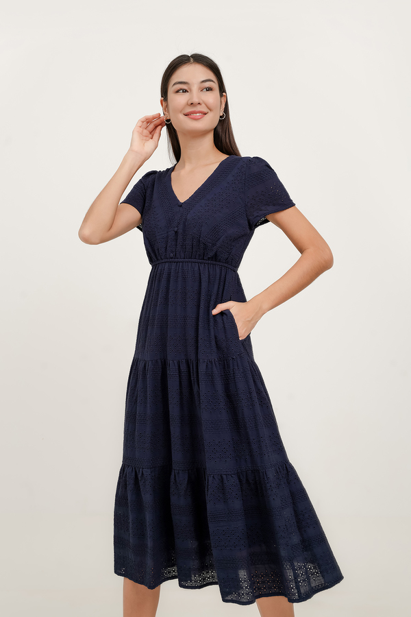 Lila Broderie Tiered Midi Dress