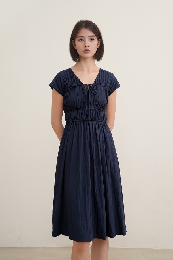 Camille Shirred Ribbon Midi Dress