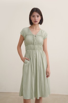 Camille Shirred Ribbon Midi Dress