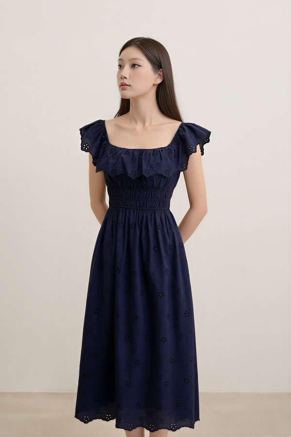 Verdine Padded Broderie Ruffle Midi Dress