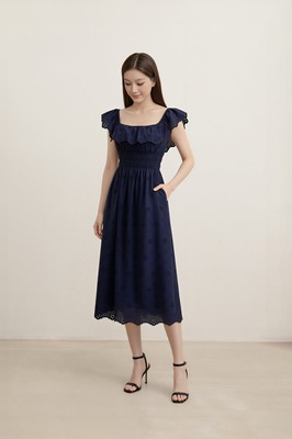 Verdine Padded Broderie Ruffle Midi Dress