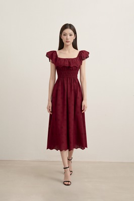 Verdine Padded Broderie Ruffle Midi Dress
