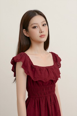 Verdine Padded Broderie Ruffle Midi Dress