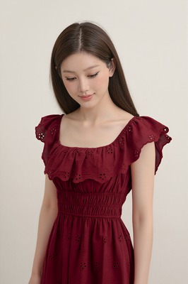 Verdine Padded Broderie Ruffle Midi Dress