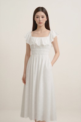 Verdine Padded Broderie Ruffle Midi Dress