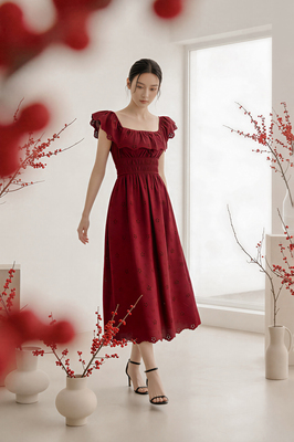 Verdine Padded Broderie Ruffle Midi Dress