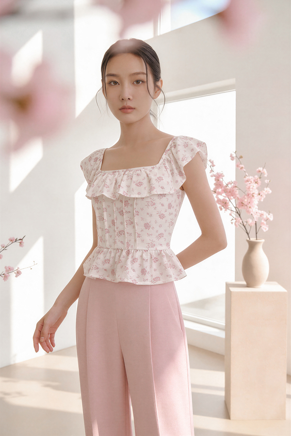 Petale Padded Floral Ruffle Top