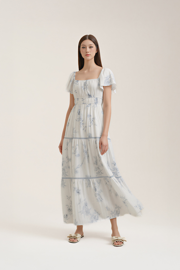 Chateau Padded Flutter Sleeve Maxi Dress