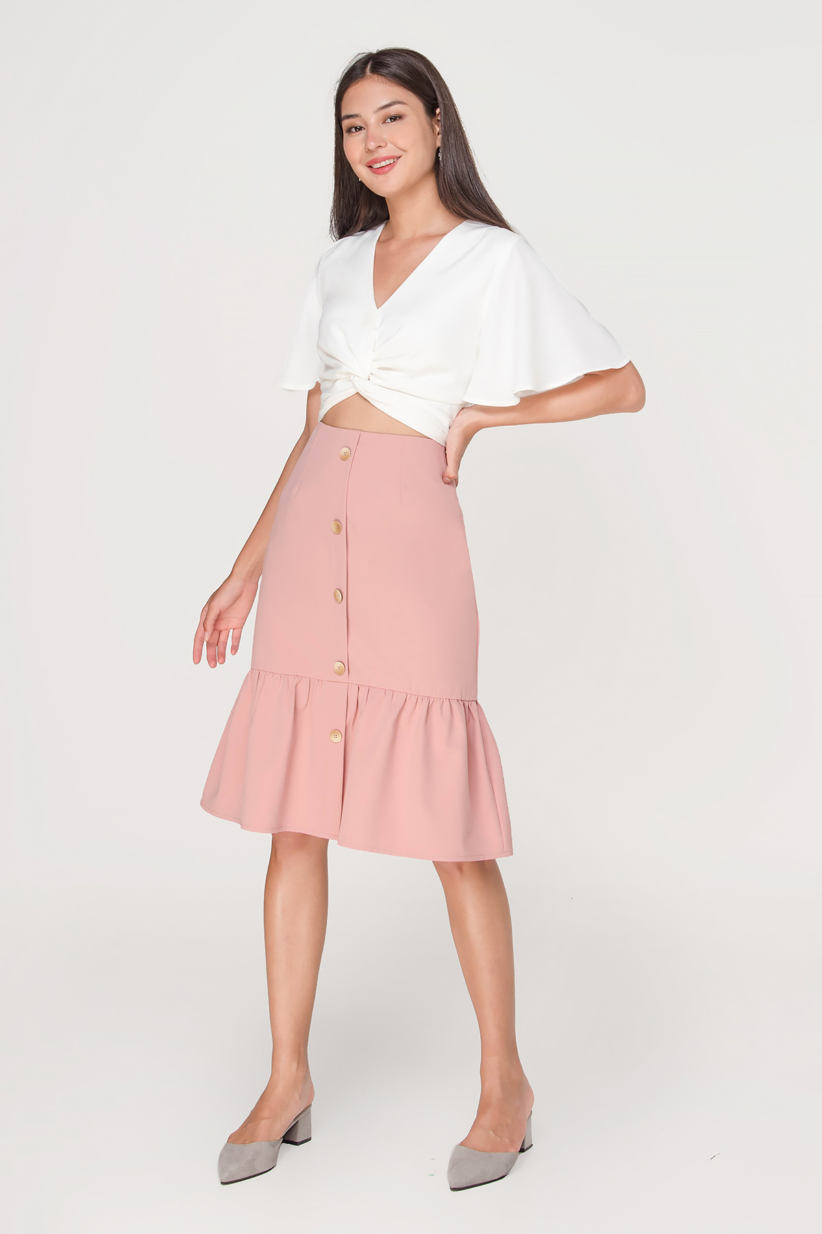 Pink ruffle midi outlet skirt