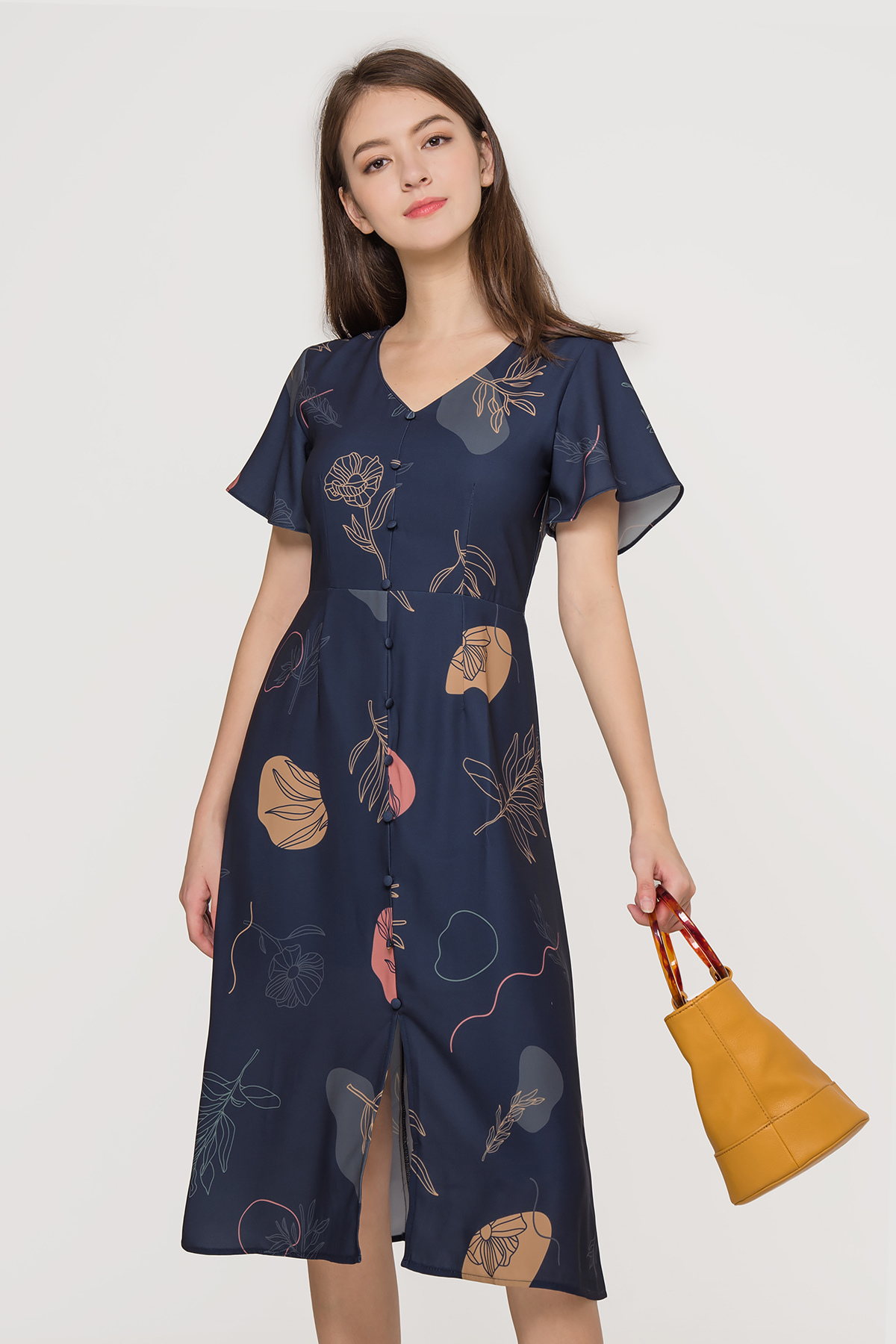 v neck flutter sleeve midi dress