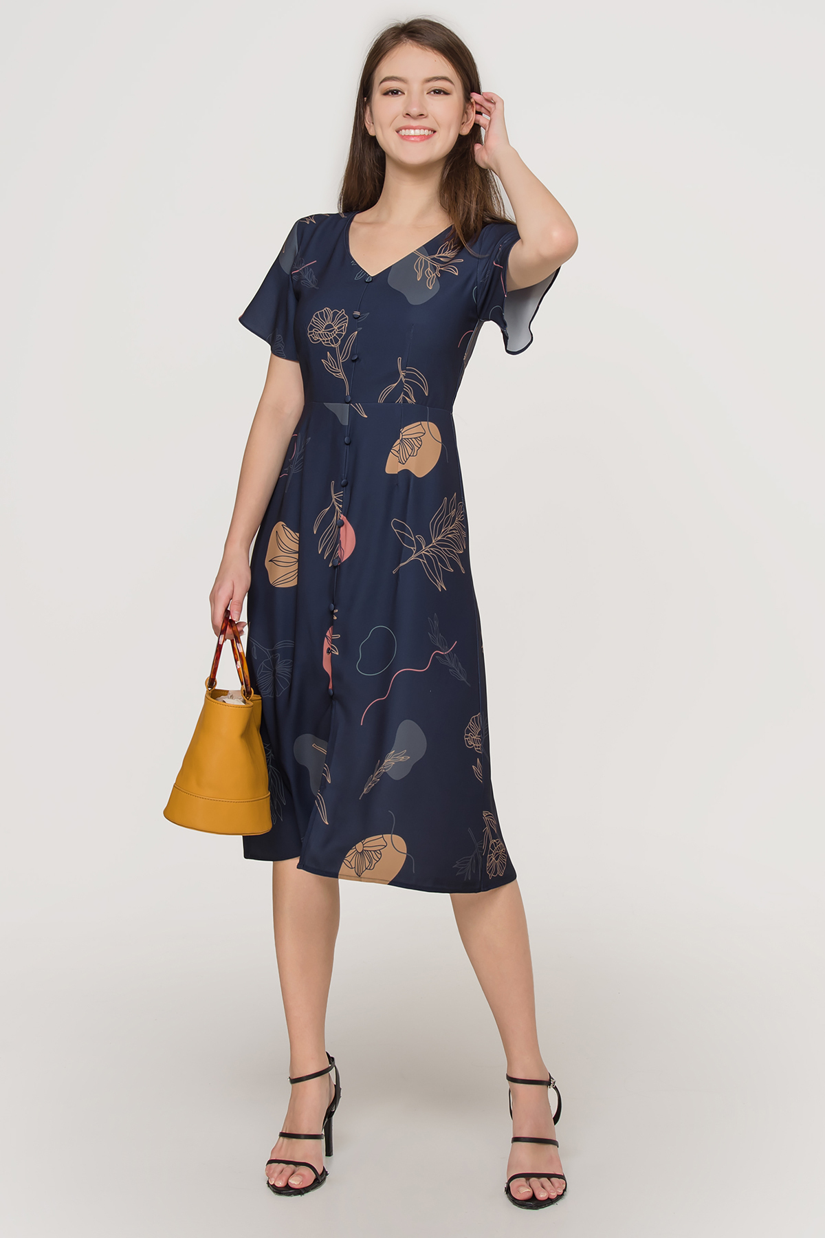 v neck flutter sleeve midi dress