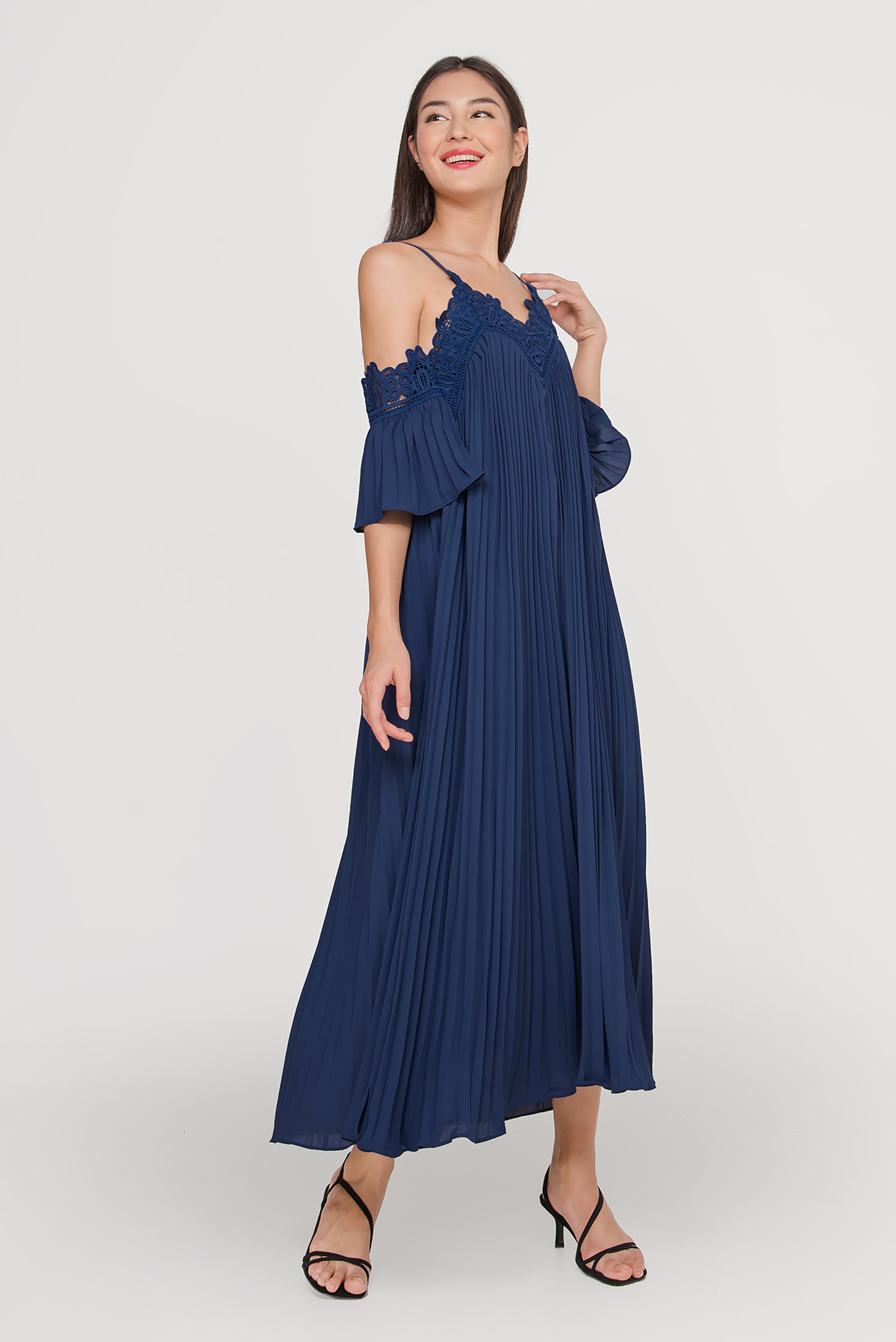 off the shoulder pleated maxi dress