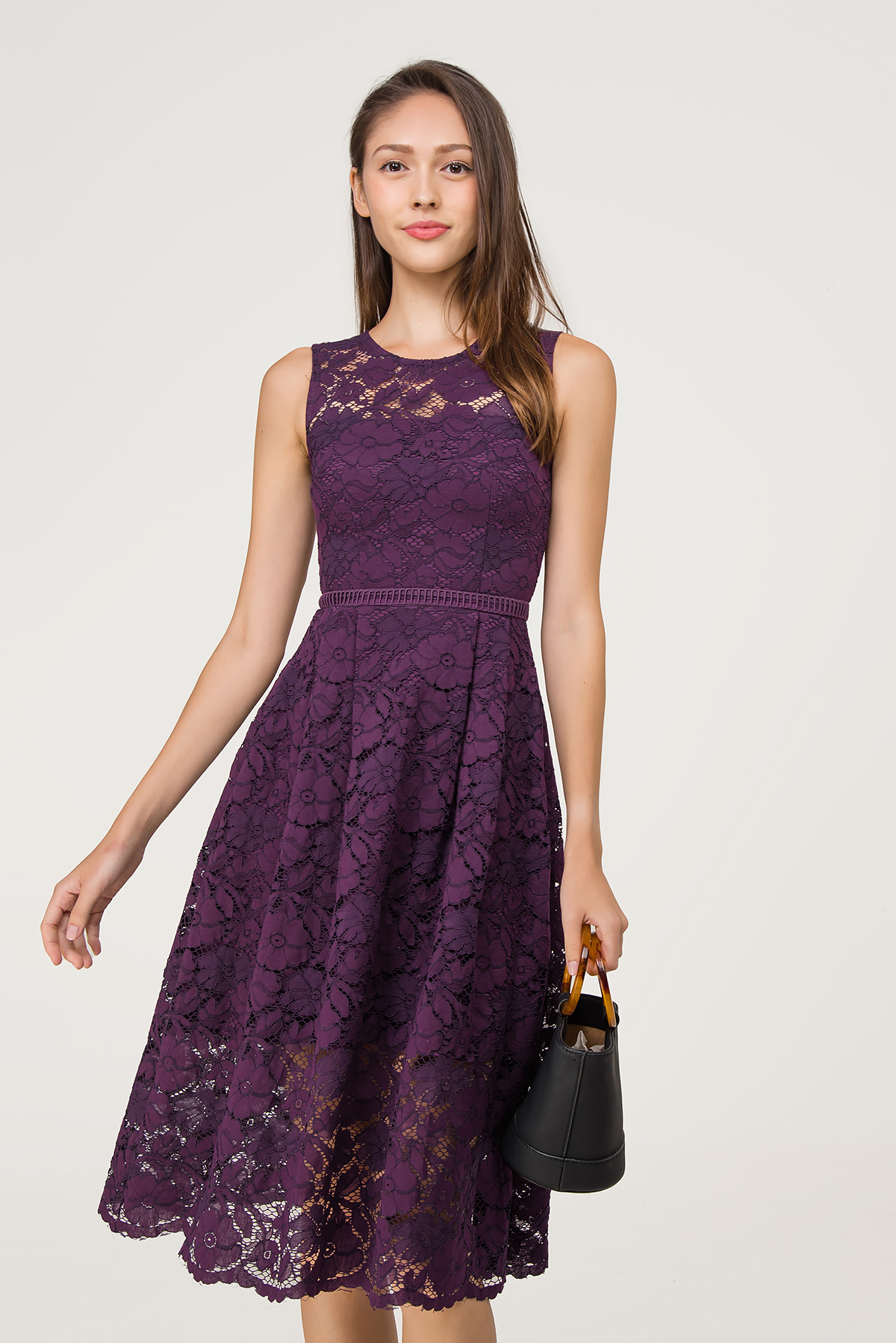 purple lace midi dress