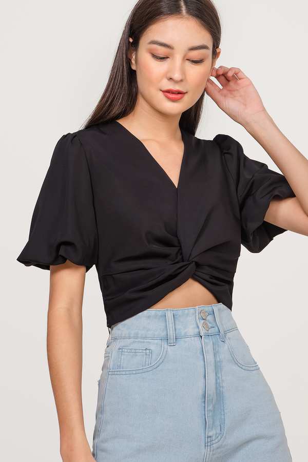 Edyna Ruched Knotted Puff Sleeve Top