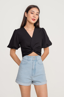 Edyna Ruched Knotted Puff Sleeve Top