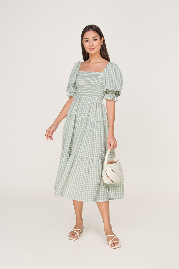 Elina Gingham Shirred Sleeve Dress
