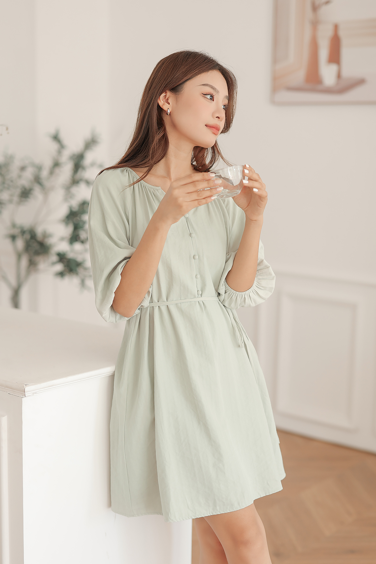Tila Long Balloon Sleeve Wrap Front Dress Grey