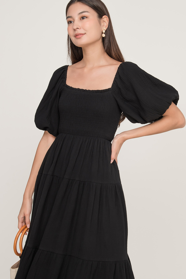 Mila Shirred Sleeve Tiered Midi Dress
