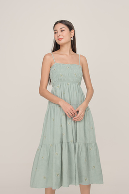 Clove Embroidered Shirred Midi Dress